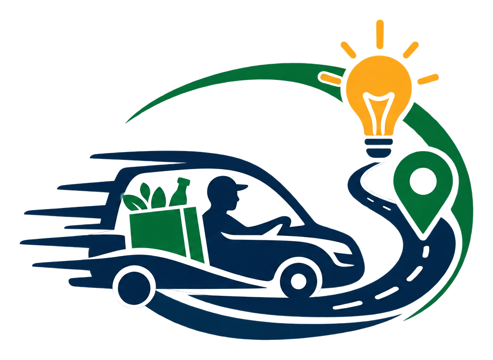 The original delivery car illustration with groceries, route and lightbulb